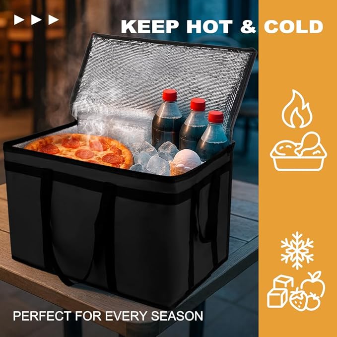 2PK XXXL Insulated Food Delivery Bag - Reusable Thermal Cooler Grocery Bags for Catering & Delivery, Pizza Carrier for Events, Large Capacity Bag Keeps Food Hot/Cold for Shopping, Commercial, Black