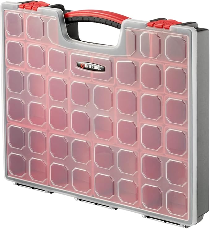 INTERTOOL Hardware Organizer with 24 Removable Bins - Small Parts Storage Tool Box for Nuts, Bolts, Screws, Nails - Portable Handle Transparent Lid with Locks BX08-4033