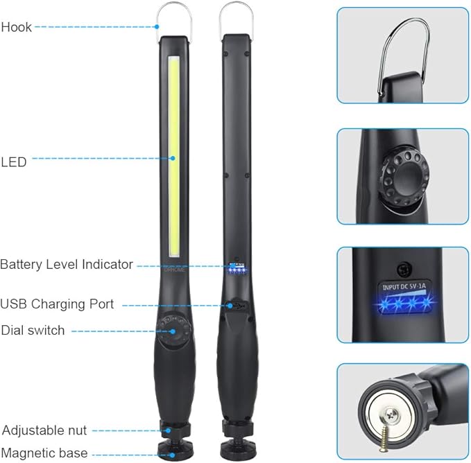 ORHOMELIFE LED Work Light 800 lumens 3300mAh Rechargeable Work light Magnetic Flashlight COB Work Light Handheld Portable Worklight Inspection Light for Car Repair Machine Garage Emergency(2 pack)