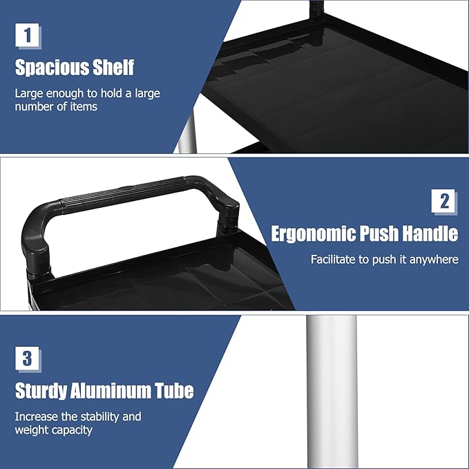 Goplus 3-Tier Utility Cart, Heavy-Duty Service Cart w/Lockable Wheels & Double Handles, Sturdy Aluminum Structure, 495 LBS Max Load, Tool Cart for Office Kitchen Garage (40.5" x 19.5" x 38.5")