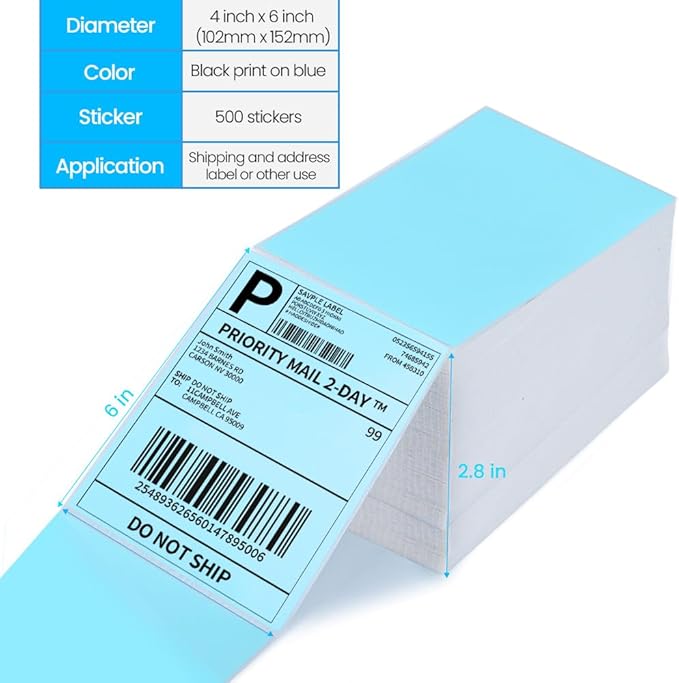 Label KINGDOM Thermal Label Printer Paper, 4"x 6" 500-Fanfold Blue Stickers for Polono, Phomemo Direct Thermal Printer for Shipping Address Label, 1 Roll