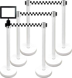 Retractable Stanchion, 6 SPECIALTY Posts + Signframe, 36" Ht, 78" Special Event & Holiday Theme Belt + Bonus Replacement Cassettes + Wall Receiver (WHT Post/Checker Belt)