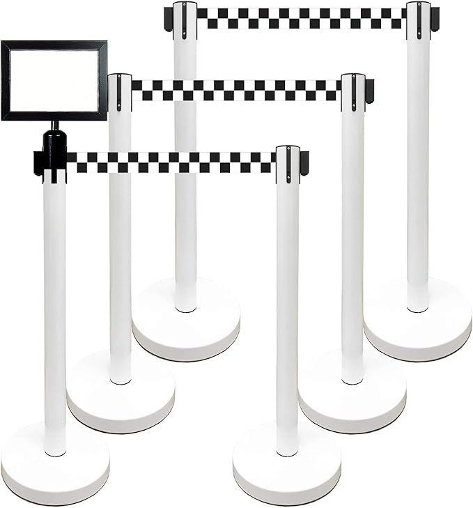 Retractable Stanchion, 6 SPECIALTY Posts + Signframe, 36" Ht, 78" Special Event & Holiday Theme Belt + Bonus Replacement Cassettes + Wall Receiver (WHT Post/Checker Belt)