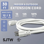 EP 30 Ft Outdoor Extension Cord, 12/3 SJTW Heavy Duty Extension Cable with 3 Prong Grounded Plug, 15 AMP Power Cord for Lawn, Garden, Appliances, White