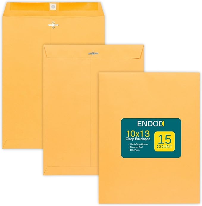 EnDoc Clasp Envelopes 10x13 Inch -15 Pack Brown Kraft Catalog Envelope with Clasp Closure & Gummed Seal – 28lb Heavyweight Envelopes for Home, Office, Business, Legal or School 10x13, Brown Kraft