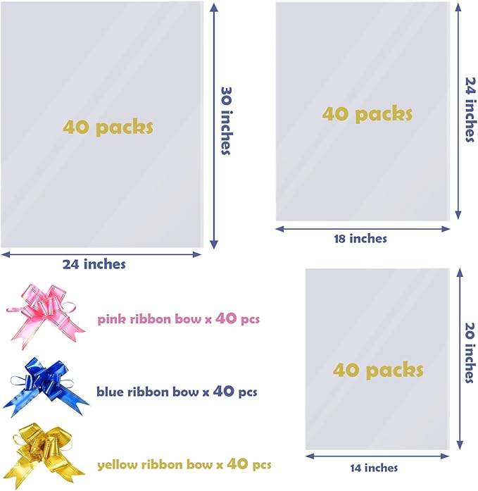 120 Packs Large Clear Cellophane Bags 14x20 18x24 24x30 Inches Jumbo Gift Basket Wraps Extra-large Clear Plastic Bags for Fruit Basket, Gift Wrap, Treats, Arts and Crafts, 120 pcs Pull Ribbon Bow Ties