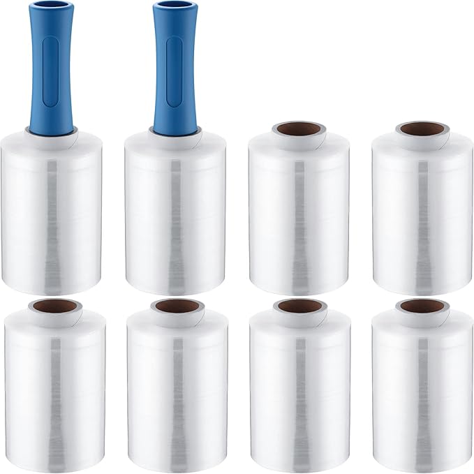 Jutom 8 Pcs Clear Stretch Wrap Roll Plastic Wrap for Moving with 2 Handles 5 x 1000 ft Cling Packaging Shrink Film Self Adhering Shipping Supplies for Moving Bounding Storing Pallet Furniture Glass