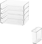 4-Tier Stackable Paper Tray Organizer for Desk with Detachable Hanging Pen Cup - Durable PET Desktop Paper Organizer, Space-Saving Desk Accessory