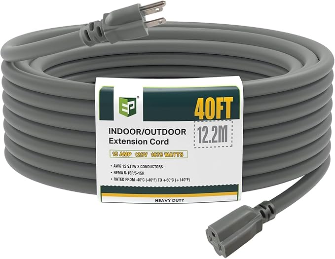 EP 40 Ft Outdoor Extension Cord, 12/3 SJTW Heavy Duty Extension Cable with 3 Prong Grounded Plug, 15 AMP Power Cord for Lawn, Garden, Appliances, Gray