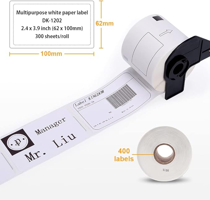 Replace for Brother DK-1202 (2-3/7" x 4") Die-Cut White Paper Shipping Address Label for QL 820NWB QL-700 Printer, 300 Labels 1 Roll (4 Rolls+ 1 Frame)