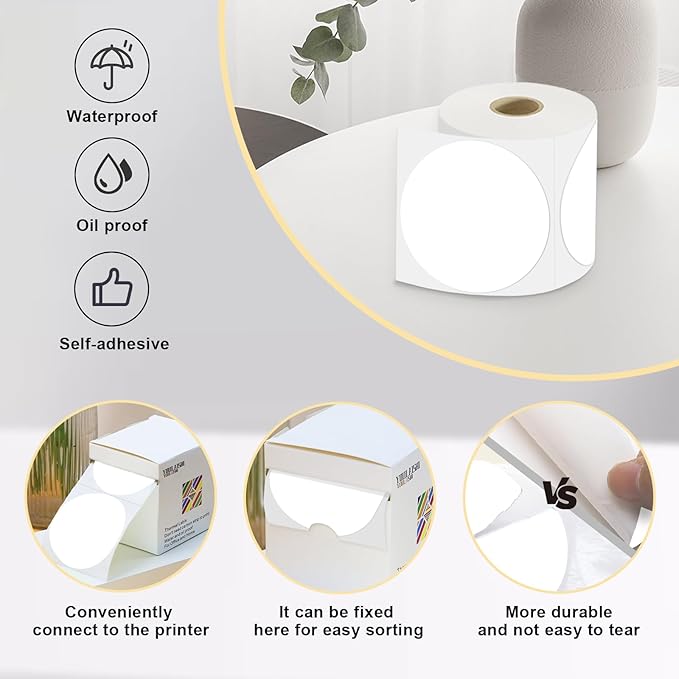 3 X 3 Inch Color Coding Dot Labels Circle Thermal Printable Waterproof 500 Pcs Round Stickers Adhesive Writable for Office, Home, Garage, DIY Sticker, Barcodes, Name Tag, White