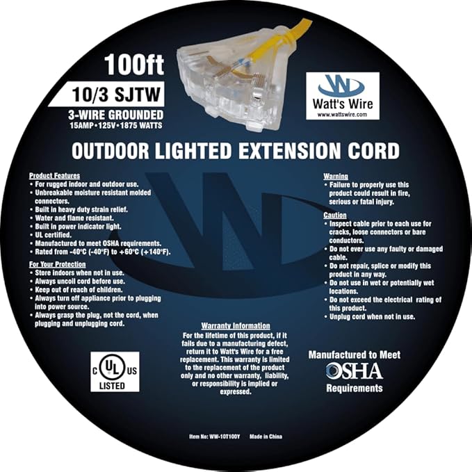 100 ft 10 Gauge Extension Cord - Outdoor Extension Cord Waterproof - Heavy Duty Outdoor Extension Cords 100 ft with Multiple Outlets - Watts Wire - 100' Grounded - extensiones electricas