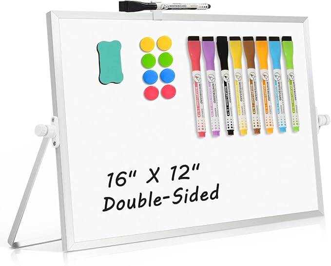 Dry Erase Magnetic White Board, 16" x 12" Double-Sided Desktop Whiteboard with Stand, Portable Small Whiteboard Set for Drawing, Office, Home, School