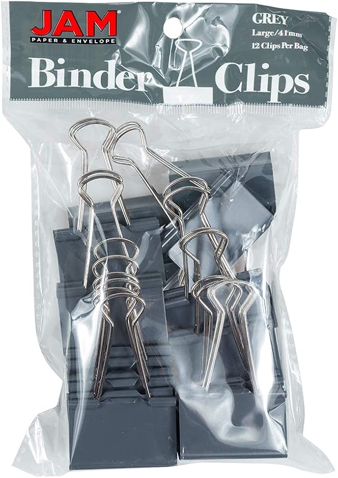 JAM PAPER Colorful Binder Clips - Large - 1 1/2 Inch (41 mm) - Grey Binderclips - 12/Pack
