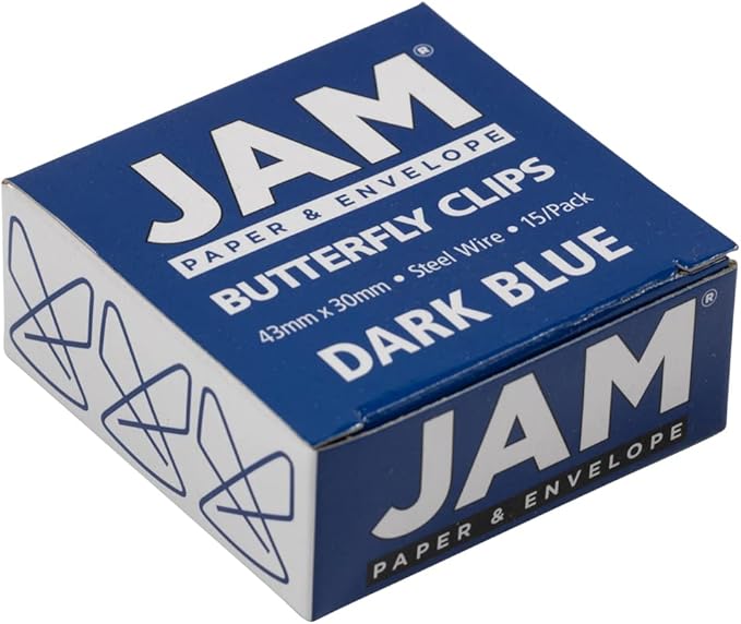 JAM PAPER Colorful Butterfly Clips - Dark Blue Paper Clamps - 15/Pack