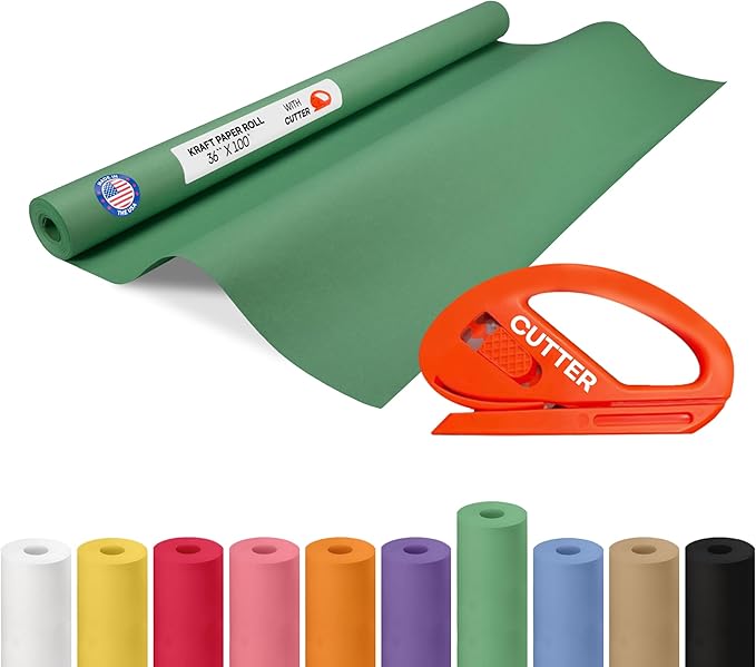 Christmas Green Kraft Paper Roll 36" x 1200" (100 ft) with Cutter - USA-Made Wrapping Paper for Packing, Moving, Shipping & Crafts/Arts - 100% Recyclable Natural Craft Material by IDL Packaging
