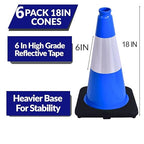 BESEA 6Pack 18 Inch Blue Traffic Cones with 6 Inch Reflective Collar, Heavy Duty PVC Safety Cones with 10.5 x 10.5 Inch Base for Parking, Driving Practice, Sports Training, and Construction