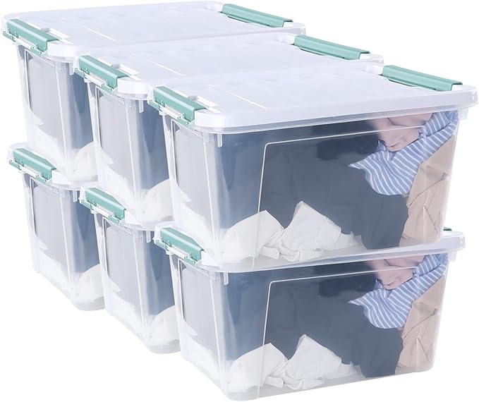 20 Quart Stackable Plastic Storage Bins with Lids, 6 Pack Durable Nestable Containers, Clear Latching Storage Box