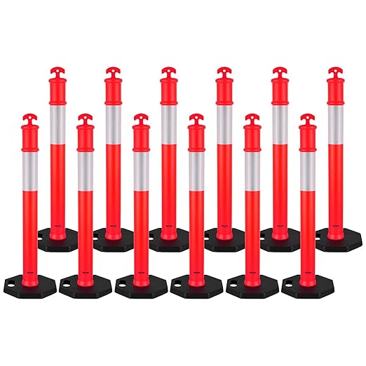 VEVOR 12 Pack Traffic Delineator Posts, 48 inches Traffic Safety Cones with Weighted Base and Reflective Strips, Heavy Duty Delineator Posts for Construction Site, Parking Lot, Crowd Control, Red