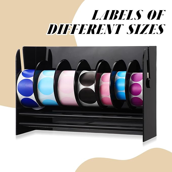 Qilery Adjustable Label Dispenser Acrylic Roll Sticker Dispenser Sticker Holder Organizer Label Stand for Holding Office and Home(7 Disks Black)