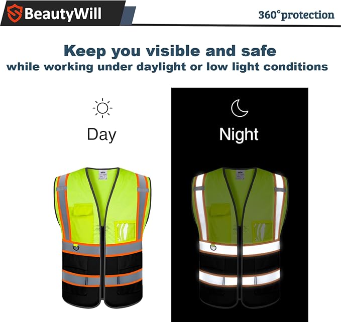 BeautyWill 10 Pack Custom Safety Vest Customized Logo Mesh Vest Class2 High Visibility Reflective Vest with Pockets Workwear（Yellow Black，M ）