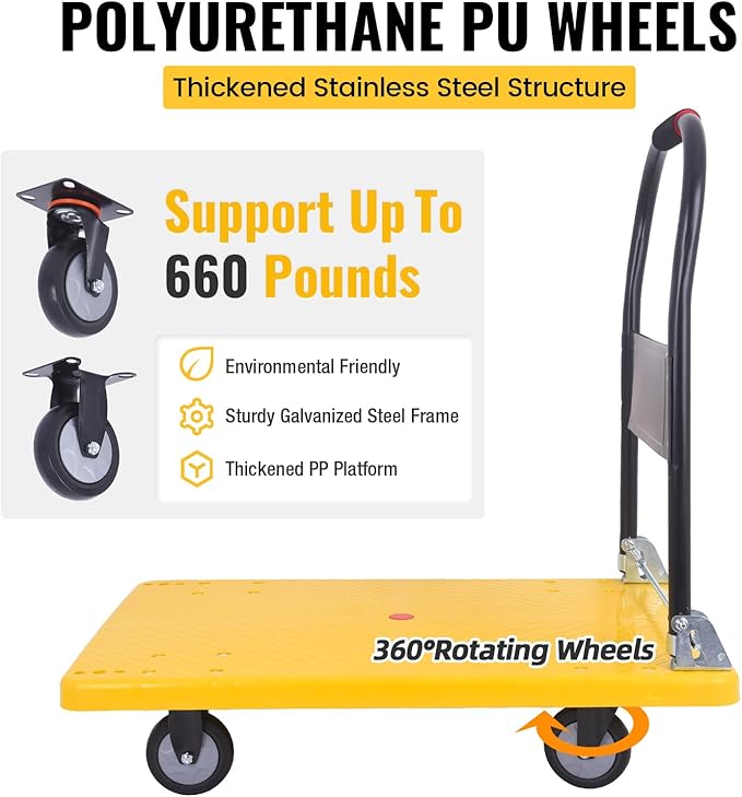 Hand Cart 660 lbs, Push Cart Dolly Yellow, Capacity Platform Truck Foldable Platform Upgraded Heavy Duty Moving Cart with PU Wheels for Home Garden Warehouse Garage Workshops