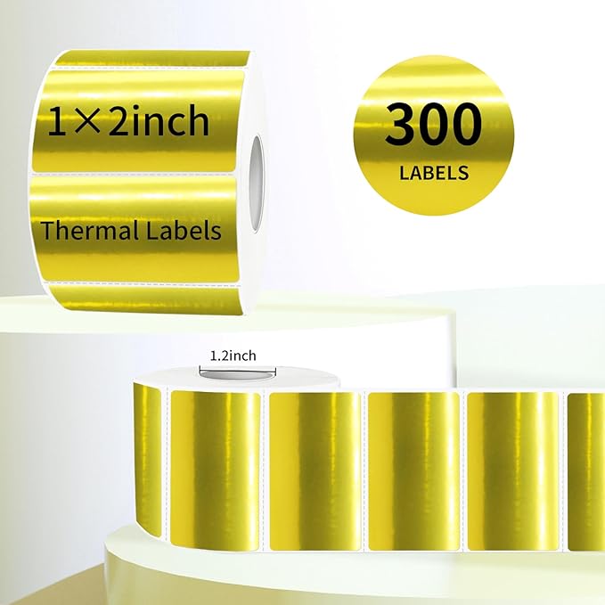 2x1 Inch Thermal Labels, Holographic Gold Thermal Printer Stickers, Waterproof Self-Adhesive Shipping Label Printer Sticker for Barcode, Name, Address, 300 Labels/Roll