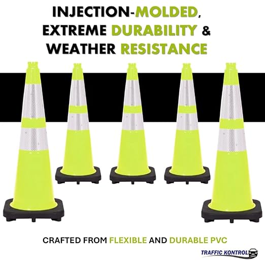 6 Pack 28" Inch Lime Traffic Safety Cones with Dual Reflective Collars - High Visibility Industrial Pylons Traffic Cones for Road, Parking Lots, Driving, Construction