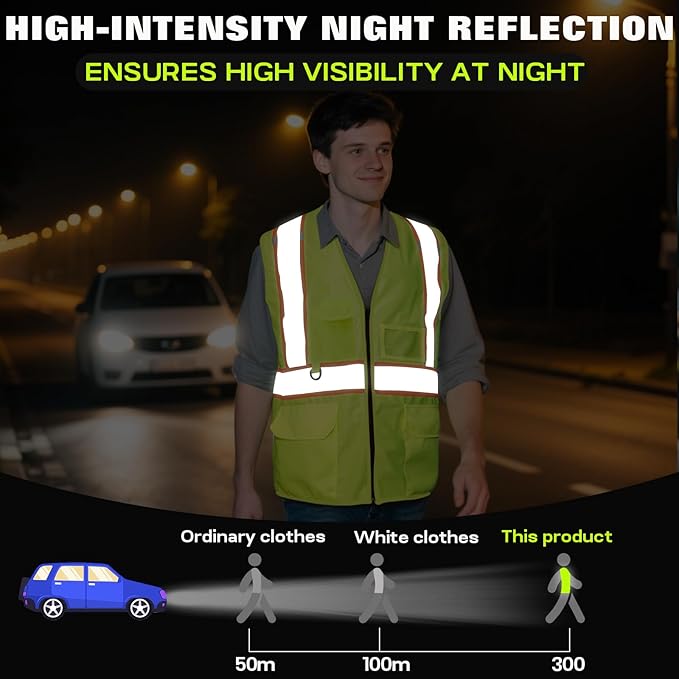 Safety Vest Customize Logo with 5 Pockets & Zipper Reflective High Visibility Vest Class 2 Outdoor Workwear