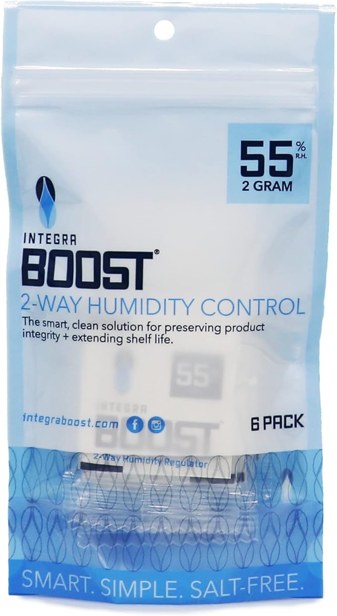 Integra Boost - 55% RH Level - 2 Gram Size - Two-Way Humidity Control Pack - Includes Humidity Indicator Cards - Humidity Balancer Packet For Packaged Foods & Herbs Storage (Pack of 6)