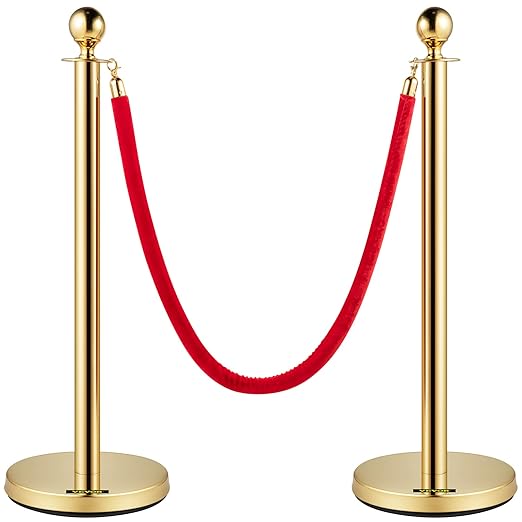 VEVOR Stanchions and Velvet Ropes 4Pcs, Solid Base with Stainless Steel Post, 5ft Red Velvet Ropes and Posts, Crowd Control Barriers Gold Stanchions, Red Carpet Runner Poles for Party Supplies
