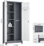 LUCYPAL Broom Storage Cabinet with Locking Doors and Shelves,Broom Closet Storage Cabinet with Hanging Rod and Hooks,Metal Garage Cabinets for Kitchen,Bathroom,Office 72.8" H White&Grey