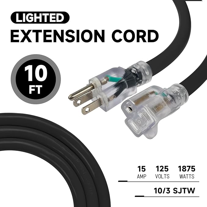EP 10 Ft Lighted Outdoor Extension Cord - 10/3 SJTW Heavy Duty Black Extension Cable with 3 Prong Grounded Plug for Safety, UL Listed