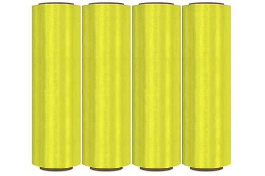 APQ 4 Rolls of Blown Hand Stretch Film 18" x 1500'. Yellow Hand Stretch Wrap, 80 Gauge. Tear Resistant Residue Free Film for Moving, Shipping, Wrapping. Industrial Grade Pallet Shrink Wrap Film.