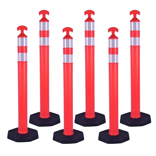Reflective Rubber Base Traffic Delineator Post - Heavy-Duty Safety Bollards for Parking Lot Markers, Road Construction, Driveway Warning - with Reflective Strips (6 Pack - 42 Inch)