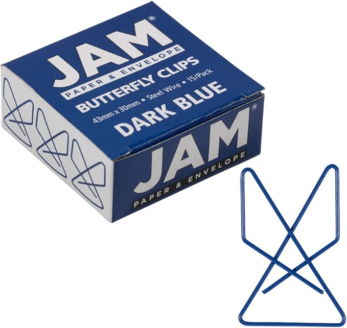 JAM PAPER Colorful Butterfly Clips - Dark Blue Paper Clamps - 15/Pack