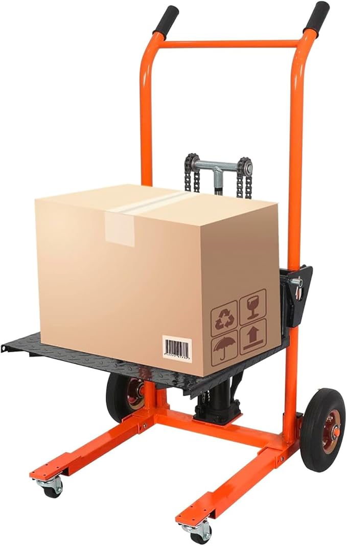 Material Lift Hydraulic Stacker, 440 lbs Capacity Hydraulic Table Cart, 35.8" Lifting Height Manual Forklift Stacker, Pallet Jack Truck Dolly with Swivel Casters and Lift Plate (Orange)