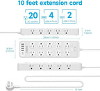 Power Strip Surge Protector Flat Plug with 20 AC Outlets 6 USB Chagring Ports, 1875W/15A, 2700J, 10 Ft Heavy Duty Extension Cord for Home, Office, Dorm, Gaming,ETL Listed (White, 10FT)