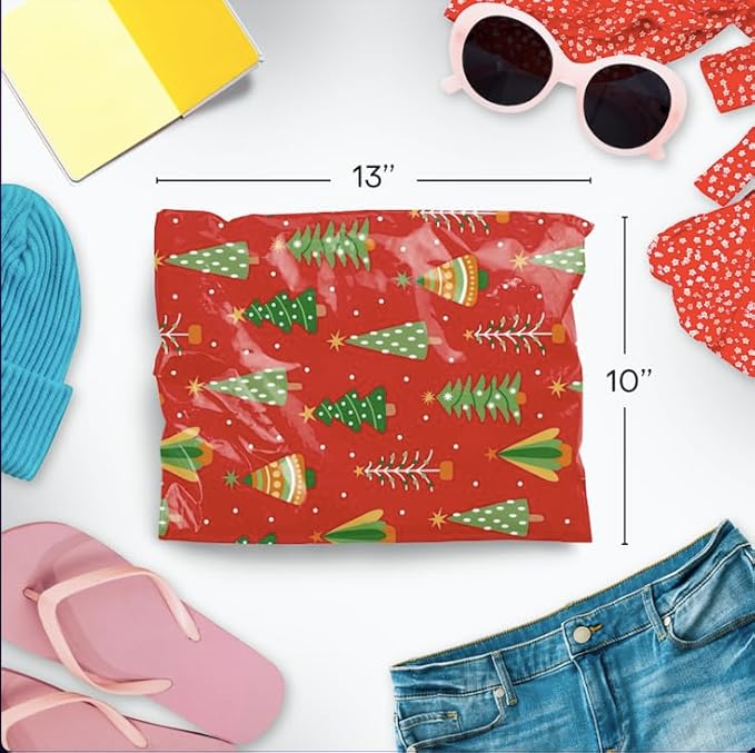 10x13 Poly Mailers – Christmas Tree – Waterproof, Tear-Resistant Shipping Bags with Adhesive Seal – 100 Pack – Package Mint