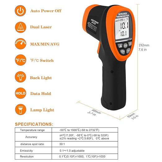 -58℉~2732℉ Digital Pyrometer 30:1 Dual Laser Industrial IR Temperature Gauge,High Heat Infrared Thermometer Gun Orange(NOT for Human Temp Test)