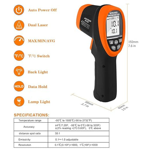 -58℉~2732℉ Digital Pyrometer 30:1 Dual Laser Industrial IR Temperature Gauge,High Heat Infrared Thermometer Gun Orange(NOT for Human Temp Test)
