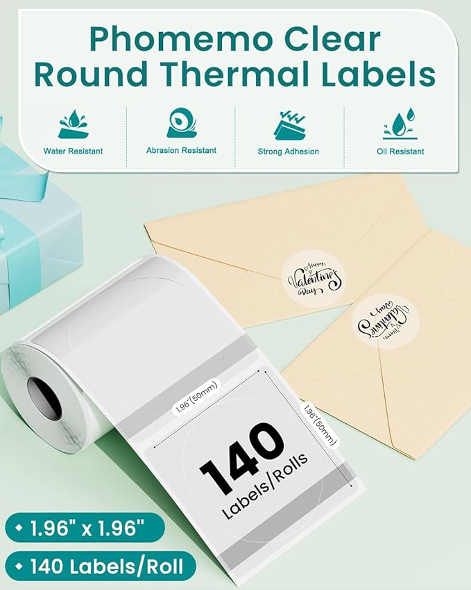 Phomemo Thermal Labels - Clear Circle Labels, M110/M220/M221/M120/M200, Transparent, 1.96"x1.96" (50x50mm), Round Stickers for Logo/Barcode/Address