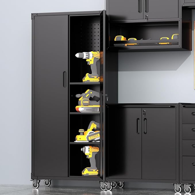 71"H Metal Storage Cabinet with Wheels, Tall Rolling Garage Cabinet with 3 Adjustable Shelves & Locking Doors & Pegboards, Heavy-Duty Tool Cabinet for Home Office, Workshop, Warehouse, Black