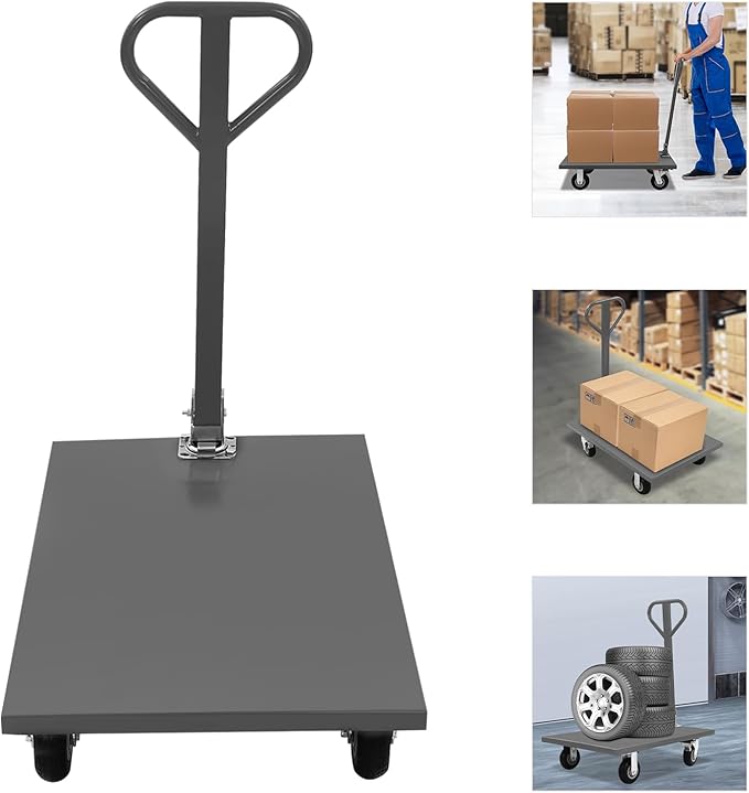 2000LBS Capacity Platform Truck Cart with 360° Rotatable Handle, Heavy Duty Flatbed Hand Truck with 4 Wheels, Industrial Flat Dolly Cart for Factory Warehouses, Garages, Homes