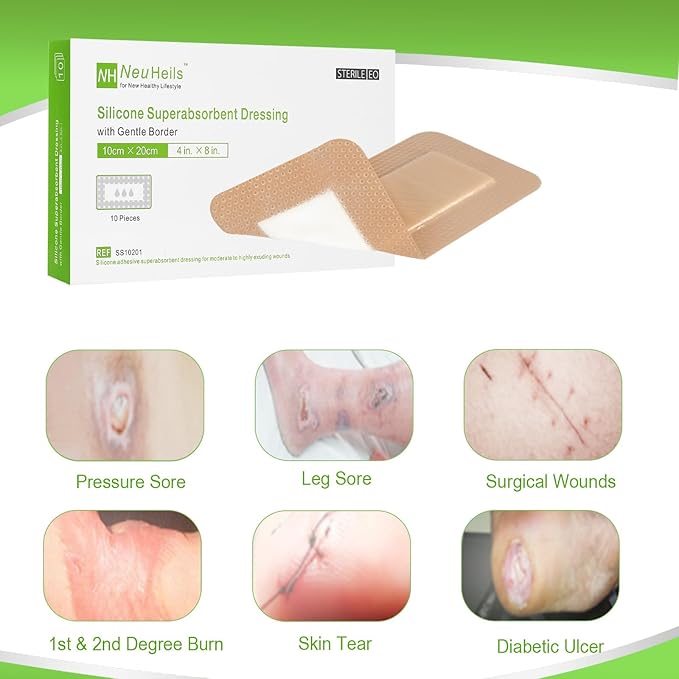 NeuHeils Silicone Super Absorbent Wound Dressing, 4x8 Inch (10 Pack), 2x6 Inch Absorbent Pads | Post-Surgery, Bed Sores, Pressure Ulcers | Self-Adhesive Bandage for Surgical Wounds & Cuts