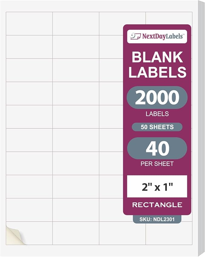 NextDayLabels – 2" x 1" Rectangular Sticker Labels for Printer - White Laser/Inkjet Printer Labels Return Address Labels Shipping Label Stickers (50 Sheets, 40 Per Sheet, 2000 Labels)