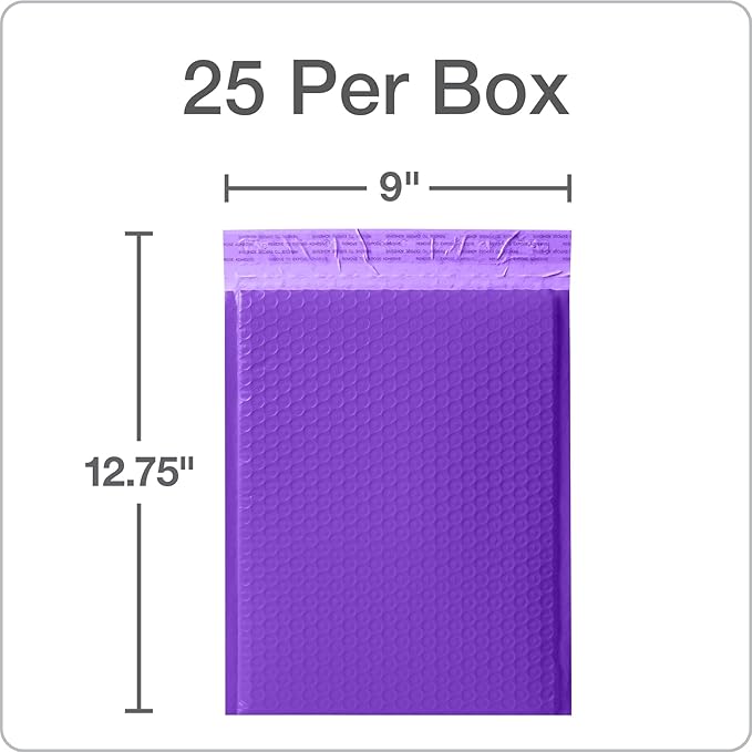 Quality Park Bubble Mailers, 8.25" x 11", Purple Poly Mailers, Padded Envelopes, Shipping Bags, Water Resistant, Self Seal, 25 Per Box (QUA85905)