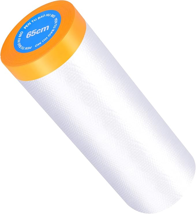 Muf 2 x 65 Feet Plastic Drop Cloth Plastic Sheeting with Masking Tape,Waterproof Protective Masking Film,Prevent Dust Paint for Car,Furniture,Carpet,Floor,1 Pack