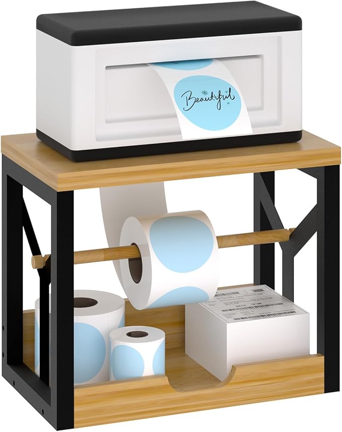 AO LI GEI Label Holder for Rolls and Fan-Fold Labels,Wooden Thermal Label Roll Holder for Shipping Label Stand Desktop Printer Holder for Home Office Accessory Sticker Dispenser