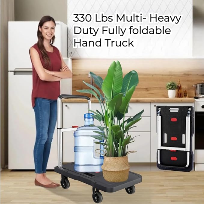 Folding Hand Truck, 330 Lbs Heavy Duty Luggage Cart, Portable Push cart Dolly with Adjustable Handle for Auto, Luggage, Personal, Travel, Moving Shopping and Office Use